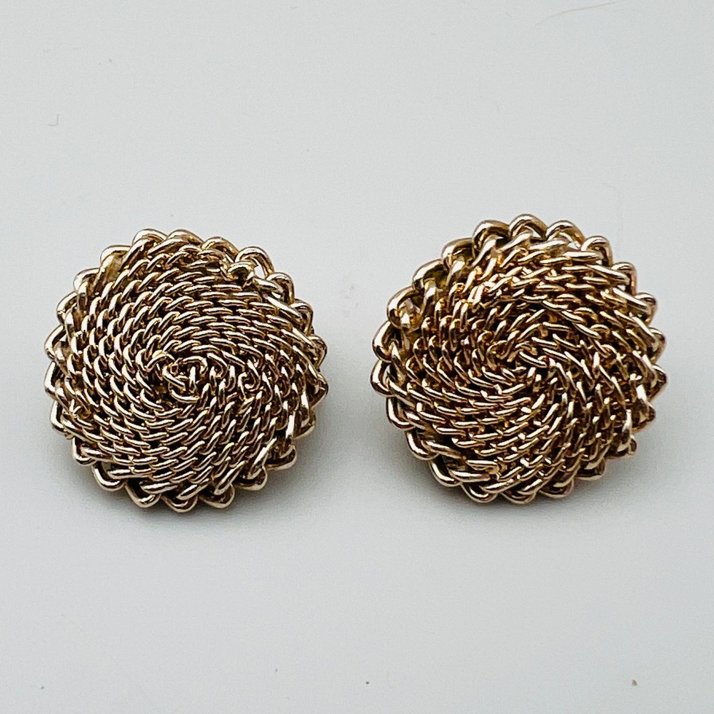 Vintage Woven Mesh Spiral Clip On Earrings Round Studs Japan Gold Tone